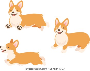 Pembroke Welsh Corgi dogs whole body 3 poses illustration set  (Running, Walking)