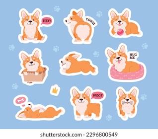 Pembroke Welsh Corgi funny stickers set in different poses, flat cartoon vector illustration isolated on white background. Cute corgi dog characters collection.