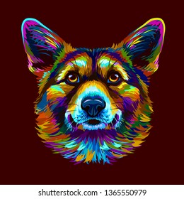 
Pembroke Welsh Corgi. Graphic, abstract, hand-drawn portrait of a dog's head on a brown background.