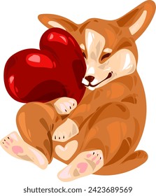 Pembroke Welsh Corgi puppy sits hugging a big red heart