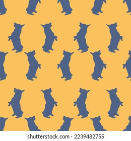 Pembroke welsh corgi puppy is standing on his hind legs. Seamless pattern. Dog silhouette. Endless texture. Design for wallpaper, fabric, template, surface design. Vector illustration.