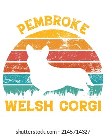 Pembroke Welsh Corgi Retro Vintage Sunset T-shirt Design template, Corgi on Board, Car Window Sticker, POD, cover, Isolated white background, White Dog Silhouette Gift for Pembroke Welsh Corgi Lover