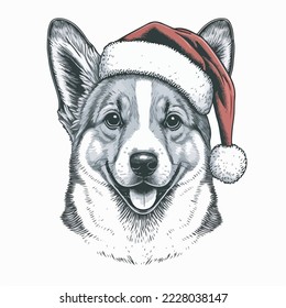 Pembroke Welsh Corgi Santa Hat Vector Illustration Tshirt Design Logo Icon Christmas Greeting Card