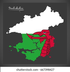 Pembrokeshire Wales Map With Welsh National Flag Illustration