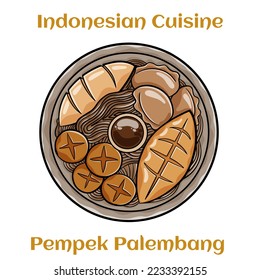 Pempek Palembang. Savory fish cakes in spicy vinegar sauce from Indonesian .Served with noodles and cucumbers in small ceramic bowls