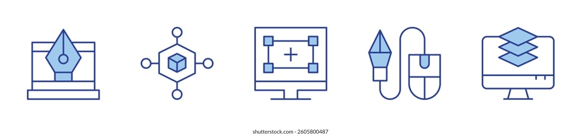 pen, 3d design, design thinking, design tool, layers. Design Icon vector illustration. Line Duotone style. Editable stroke.