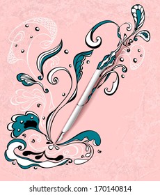 Pen with abstract drawing on grunge pink background concept creative or advertising graphic program or devices