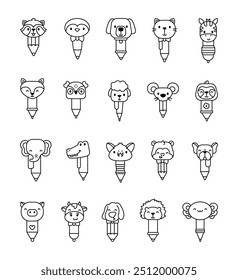 Pen animal face. Coloring Page. School stationery. Hand drawn style. Vector drawing. Collection of design elements.