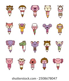 Pen animal face. School stationery. Hand drawn style. Vector drawing. Collection of design elements.
