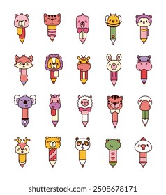 Pen animal face. School stationery. Hand drawn style. Vector drawing. Collection of design elements.