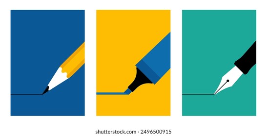 Fondos de la pluma - una pluma simple, resaltador, pluma estilográfica. Conjunto de Ilustraciones vectoriales minimalistas con instrumentos de escritura. Concepto de regreso a la escuela. Fondo de simplicidad para póster, Anuncio, portada.