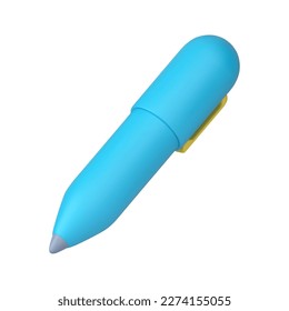 Pen ballpoint stationery business signature draw writing accessory blue 3d icon realistic vector illustration. Ink tool for write note message signing paper document contract agreement report