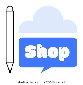 Pen beside blue speech bubble with text Shop inside cloud. Ideal for online stores, e-commerce, stationery shops, tech platforms, and digital marketing. Simple and clean style