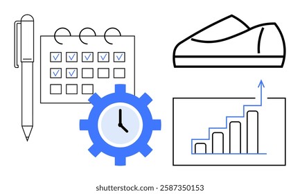 Pen beside checklist calendar, clock inside cogwheel, running shoe, upward graph with arrow. Ideal for productivity, planning, time management, fitness, goal setting, motivation, business growth