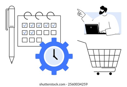 Pen beside a checkmarked calendar, gear with clock, person on laptop pointing, and shopping cart. Ideal for productivity, time management, scheduling, e-commerce, and business planning. Modern