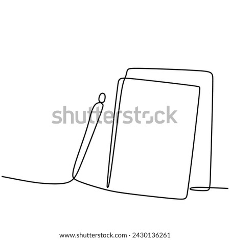 Pen, book and paper in continuous one line art drawing. Education vector illustration editable stroke.
