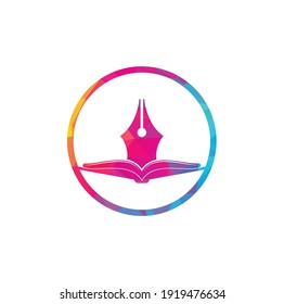 Diseño del logo de la pluma y del vector del libro. Vector de diseño de plantillas de logotipos para escritores de libros.