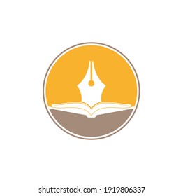 Diseño del logo de la pluma y del vector del libro. Vector de diseño de plantillas de logotipos para escritores de libros.