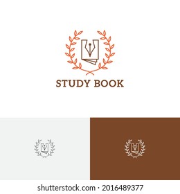 Pen Book Wreath Study Learning School Academy Line Logo