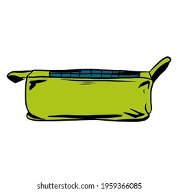 Pen box. Preparing for school. For kids. School supplies. Green pencil case. Cartoon style. Illustration for design and decoration.