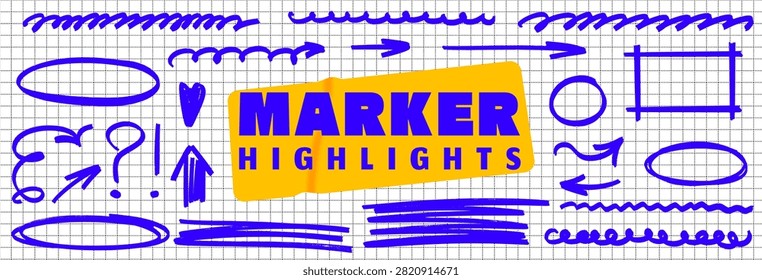 Pen brush doodle and marker highlight set. Scribble underline, arrow and circle drawn with energy. Marker underline and highlight bring bold life to hand drawn lines.