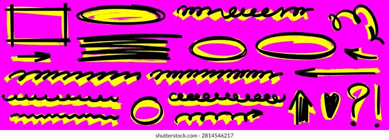 Pen and brush doodle set full of marker highlight energy. Scribble arrows, circles and underlines drawn by hand. Marker underline and highlight add expressive touch.