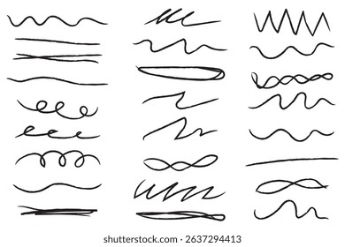 Pen brush marker scrawls, crayon scribbles, rough brush charcoal pen strokes, underlines strikethroughs. Underline typography scribbles, crosses, curves. Vector  illustration. Variety Design. Eps 10.
