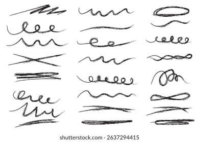 Pen brush marker scrawls, crayon scribbles, rough brush charcoal pen strokes, underlines strikethroughs. Underline typography scribbles, crosses, curves. Vector  illustration. Variety Design. Eps 10.