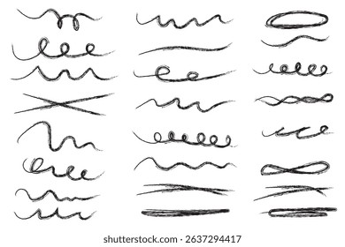 Pen brush marker scrawls, crayon scribbles, rough brush charcoal pen strokes, underlines strikethroughs. Underline typography scribbles, crosses, curves. Vector  illustration. Variety Design. Eps 10.