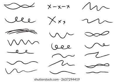 Pen brush marker scrawls, crayon scribbles, rough brush charcoal pen strokes, underlines strikethroughs. Underline typography scribbles, crosses, curves. Vector  illustration. Variety Design. Eps 10.