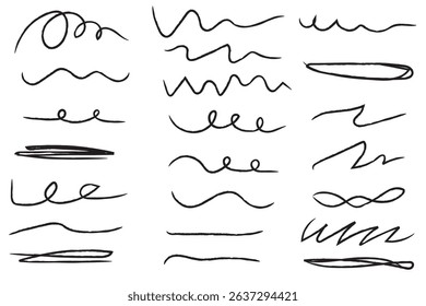 Pen brush marker scrawls, crayon scribbles, rough brush charcoal pen strokes, underlines strikethroughs. Underline typography scribbles, crosses, curves. Vector  illustration. Variety Design. Eps 10.