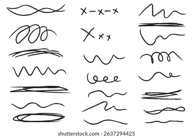 Pen brush marker scrawls, crayon scribbles, rough brush charcoal pen strokes, underlines strikethroughs. Underline typography scribbles, crosses, curves. Vector  illustration. Variety Design. Eps 10.