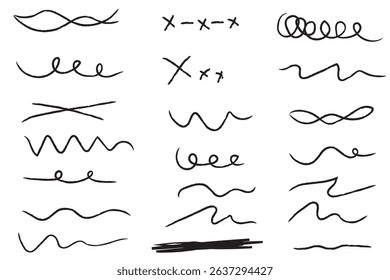 Pen brush marker scrawls, crayon scribbles, rough brush charcoal pen strokes, underlines strikethroughs. Underline typography scribbles, crosses, curves. Vector  illustration. Variety Design. Eps 10.