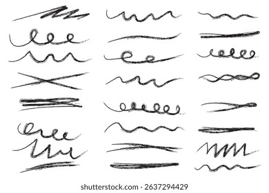 Pen brush marker scrawls, crayon scribbles, rough brush charcoal pen strokes, underlines strikethroughs. Underline typography scribbles, crosses, curves. Vector  illustration. Variety Design. Eps 10.
