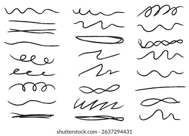 Pen brush marker scrawls, crayon scribbles, rough brush charcoal pen strokes, underlines strikethroughs. Underline typography scribbles, crosses, curves. Vector  illustration. Variety Design. Eps 10.