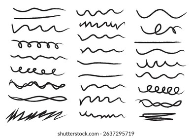 Pen brush marker Set of handmade lines, brush lines, underlines. Hand drawn collection of doodle various shapes. Lettering Art Lines. Isolated on white. Vector illustration. Variety Design. Eps10.