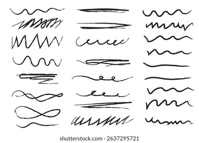 Pen brush marker Set of handmade lines, brush lines, underlines. Hand drawn collection of doodle various shapes. Lettering Art Lines. Isolated on white. Vector illustration. Variety Design. Eps10.