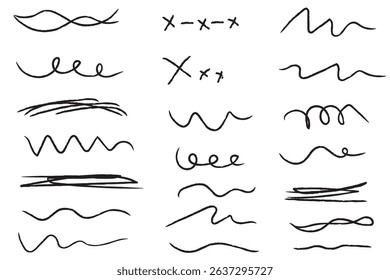 Pen brush marker Set of handmade lines, brush lines, underlines. Hand drawn collection of doodle various shapes. Lettering Art Lines. Isolated on white. Vector illustration. Variety Design. Eps10.
