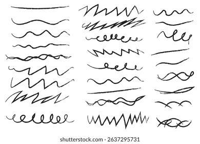 Pen brush marker Set of handmade lines, brush lines, underlines. Hand drawn collection of doodle various shapes. Lettering Art Lines. Isolated on white. Vector illustration. Variety Design. Eps10.