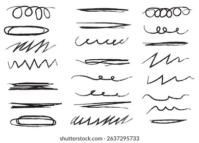 Pen brush marker Set of handmade lines, brush lines, underlines. Hand drawn collection of doodle various shapes. Lettering Art Lines. Isolated on white. Vector illustration. Variety Design. Eps10.