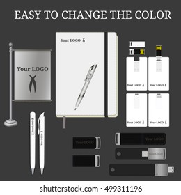Pen, business note book, Blank Banner Flag and USB flash Card, Flash drive mock-up, Pencil, Marker. Corporate Identity, Mock Up Template Ready For Your Design. White pen and usb flash card.
