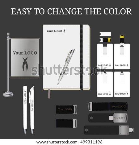 Pen, business note book, Blank Banner Flag and USB flash Card, Flash drive mock-up, Pencil, Marker. Corporate Identity, Mock Up Template Ready For Your Design. White pen and usb flash card.