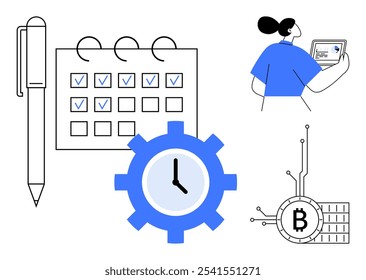 Pen and calendar with check marks, blue clock gear, person with laptop, and Bitcoin symbol. Ideal for productivity, time management, digital economy, cryptocurrency, and modern workspaces