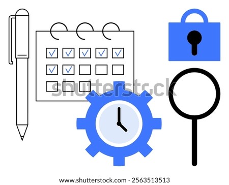 Pen, calendar with checkmarks, lock, gear with clock, and magnifying glass. Ideal for productivity, time management, scheduling, security, and organization. Simple vector drawing style with blue