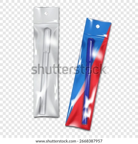 Pen with cap packed in clear plastic bag. Blank white and color design. Realistic vector mockup. Transparent stick pouch individual case package. 3d mock-up. Easy editable template