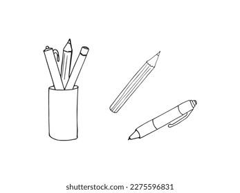 Pen case, pencil and pen, hand drawan vector illustration, isolated on white background, doodle style