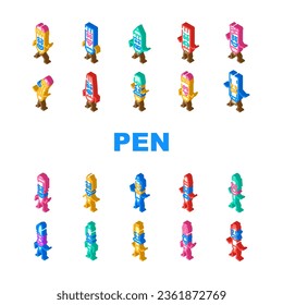 pen character pencil school icons set vector. cute funny, student kid, mascot face, fun happy, book element, study stationery pen character pencil school isometric sign illustrations