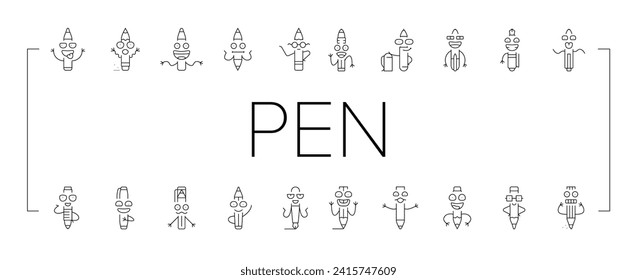 pen character pencil school icons set vector. happy smile, education cute, funny study, mascot face, colorful write, stationery pen character pencil school black line illustrations