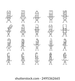 pen character pencil school icons set vector. cute funny, student kid, mascot face, fun happy, book element, study stationery pen character pencil school black contour illustrations