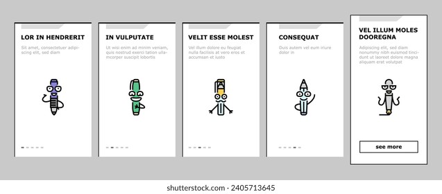 pen character pencil school onboarding mobile vector. happy smile, education cute, funny study, mascot face, colorful write, stationery pen character pencil school Illustrations